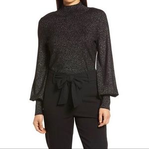 Sale! Halogen Women’s Black Metallic Mock Neck Sweater Balloon Sleeve Size 1